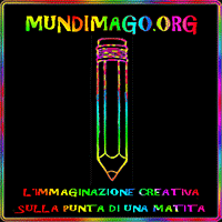 Logo di MUNDIMAGO : una matita color arcobaleno che mette le ali alla TUA fantasia